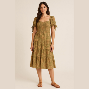 Agua Bendita x Target Mini Dress L Green Floral‎ Smocked Short Sleeve Boho
